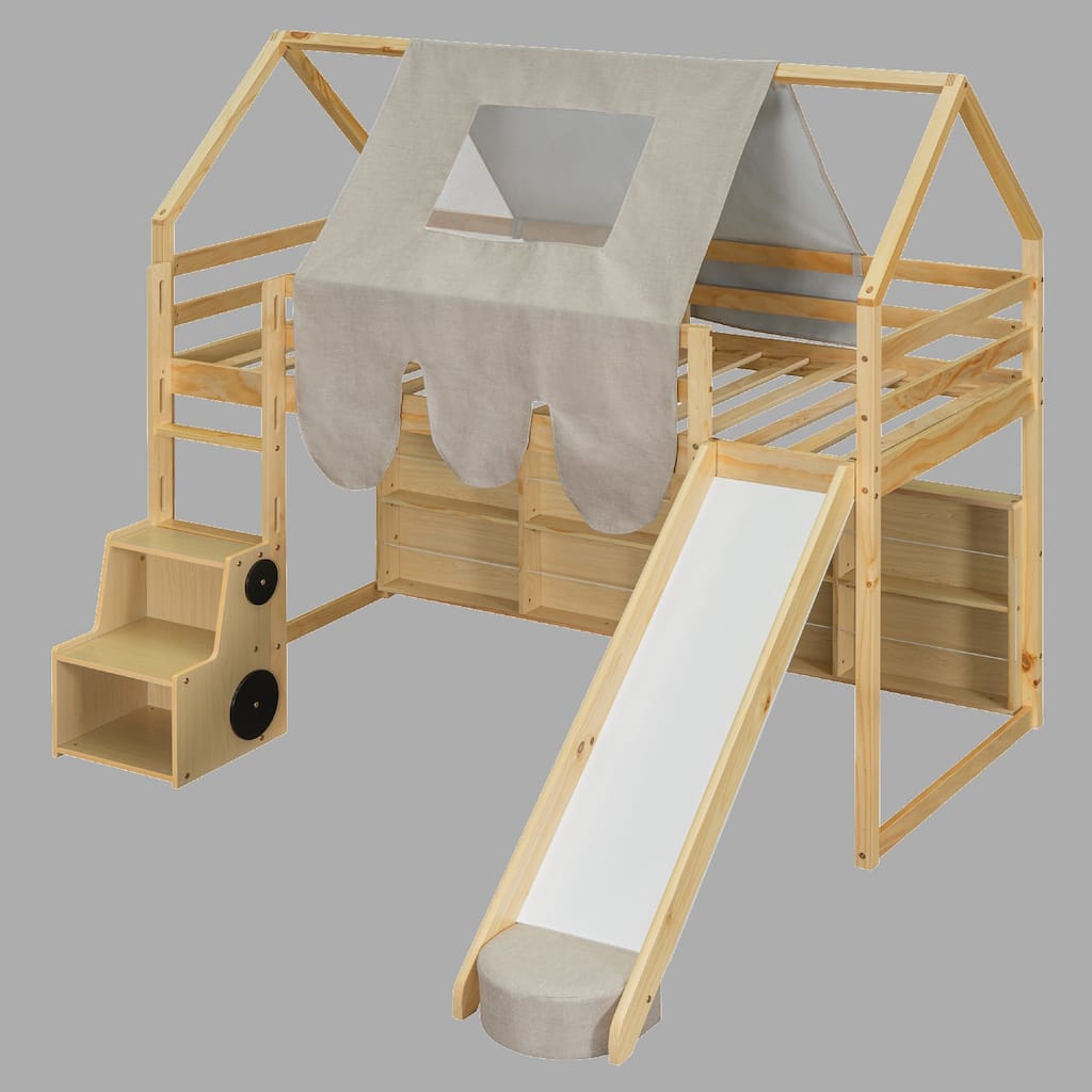 House-Shaped Twin Loft Bed with Tent, Slide, and Under-Bed Storage