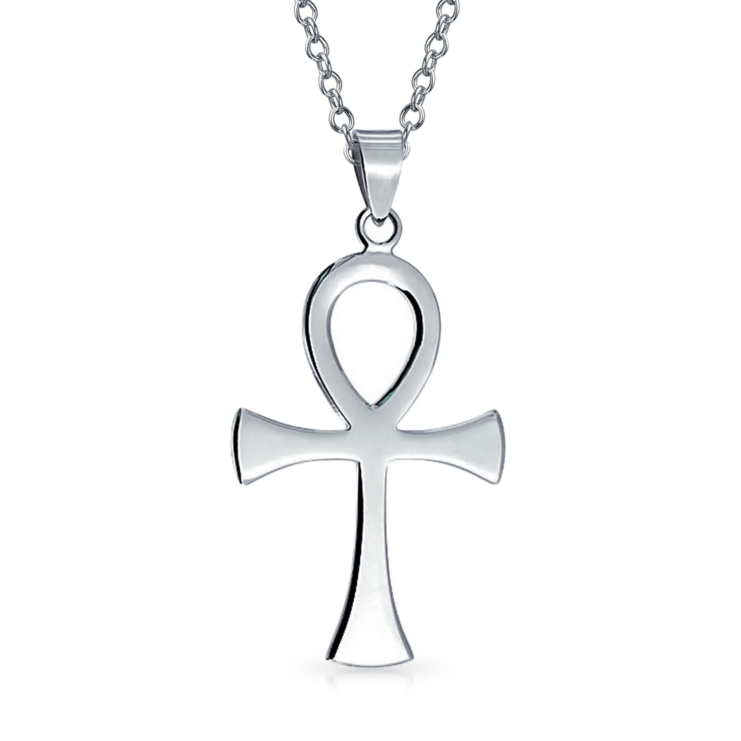 Polished Ankh Egyptian Hieroglyphs Cross Pendant Sterling Silver Necklace