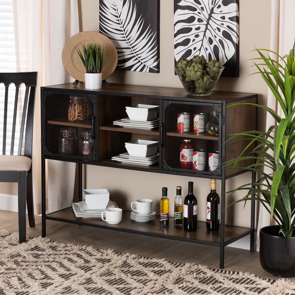 Cardea Modern Industrial Walnut Brown Finished Wood and Black Metal 2-Door Sideboard