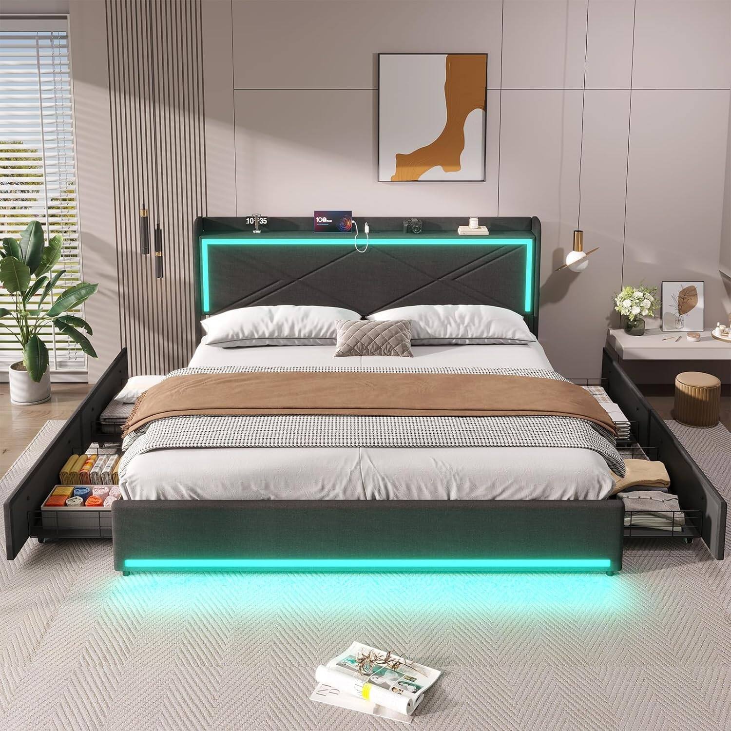 King Size Bed Frame with LED Lights Platform Bed Bed Bath & Beyond