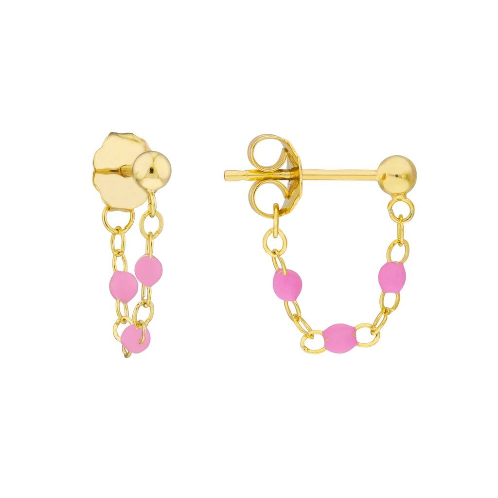 Curata 14k Yellow Gold Front To Back 3 Beads Light Pink Enamel Earrings