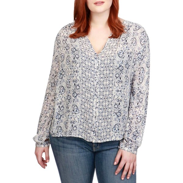 Lucky Brand Womens Plus Size Printed Smocked Peasant Top