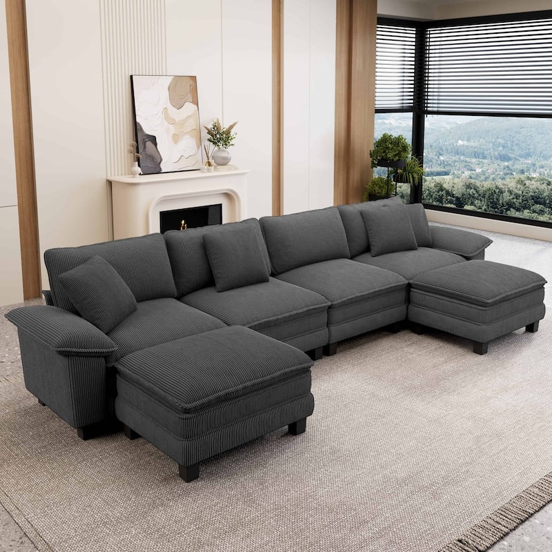 MAISON ARTS Modular Cloud Sectional Sofa, Comfy L- or U-Shaped Couch with Ottomans & Pillows, 4–6 Seat Living Room Sofa - Grey Corduroy(6 Pieces) - Symmetrical