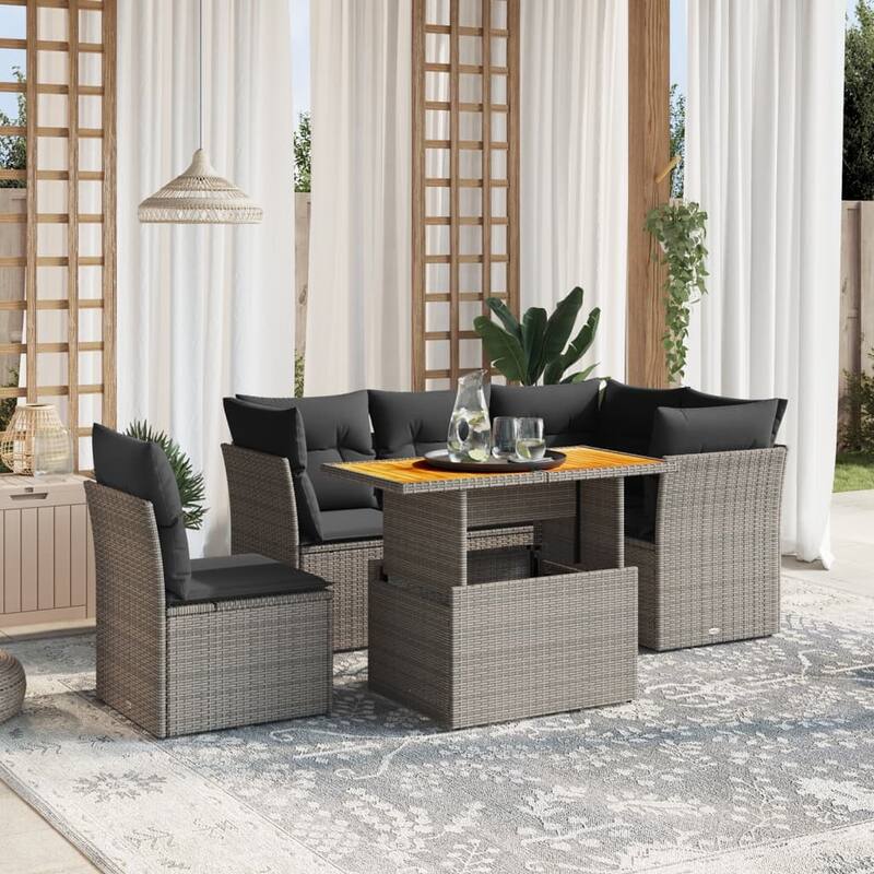vidaXL Patio Sofa Set with Cushions Table and Sofas Outdoor 6 Piece Poly Rattan - 21.7 x 39.4 x 28.7 - Grey  - form3