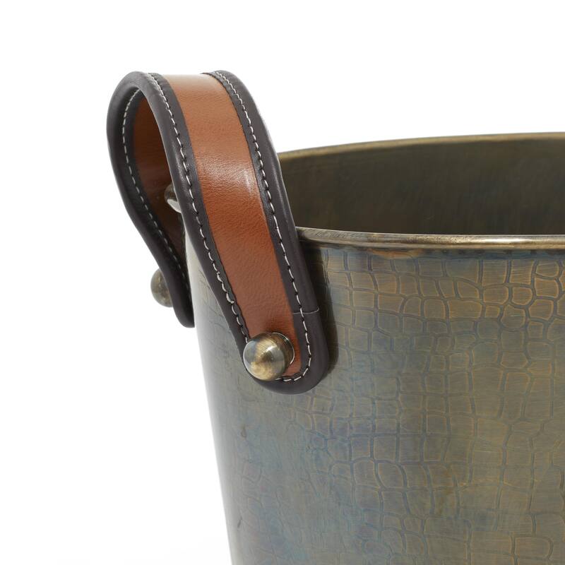 Stainless Steel Metal Ice Bucket with Leather Strap Handles - Bronze - Roche River Decor