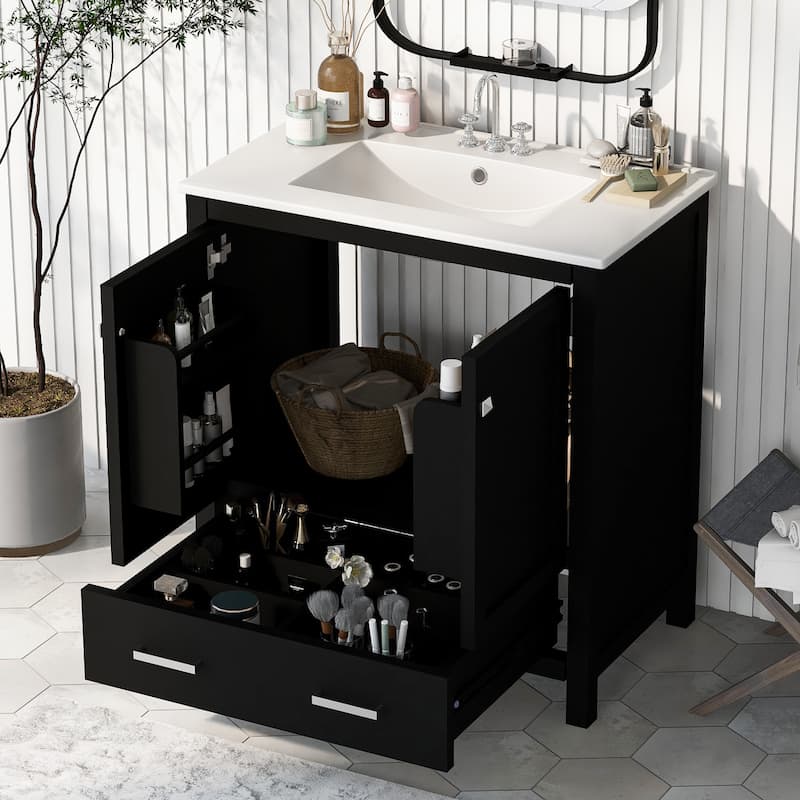 30"Bathroom Vanity with Single Sink,Combo Cabinet Undermount Sink,Cabinet with 2 Doors,a Drawer,Soft Closing,Solid Wood Frame - Black