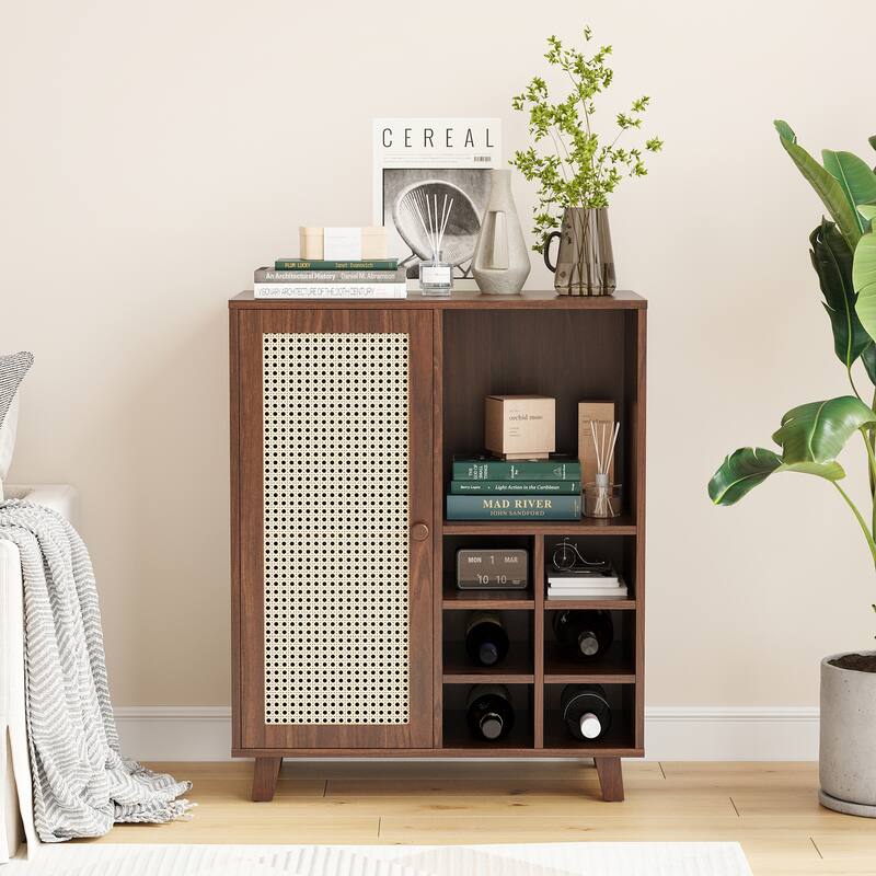Rossetta 47'' Modern Rattan-Front Door Sideboard Cabinet with Open Shelves and Protective Foot Pads