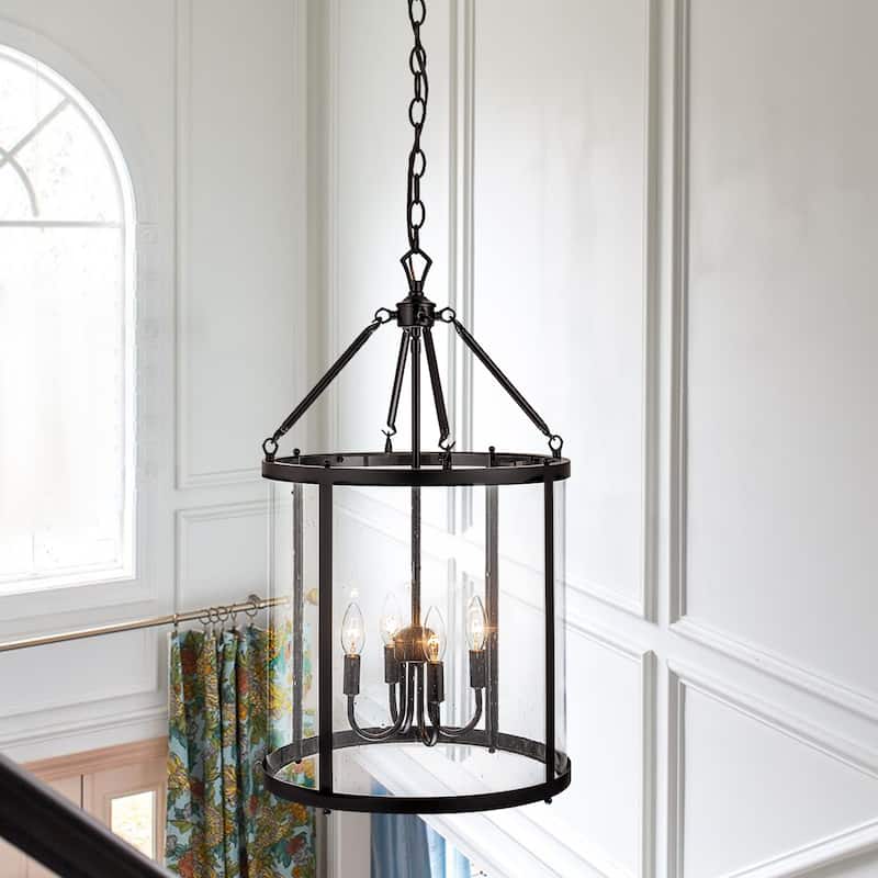 4 - Light Farmhouse Lantern Glass Drum Chandelier for Entryway