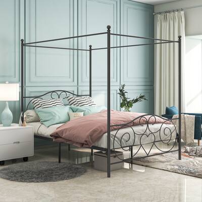 Black Metal Canopy Bed, Vintage Style, Sturdy Steel, Queen Size