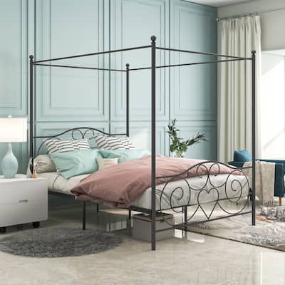 Metal Canopy Bed Frame with Vintage Headboard & Footboard