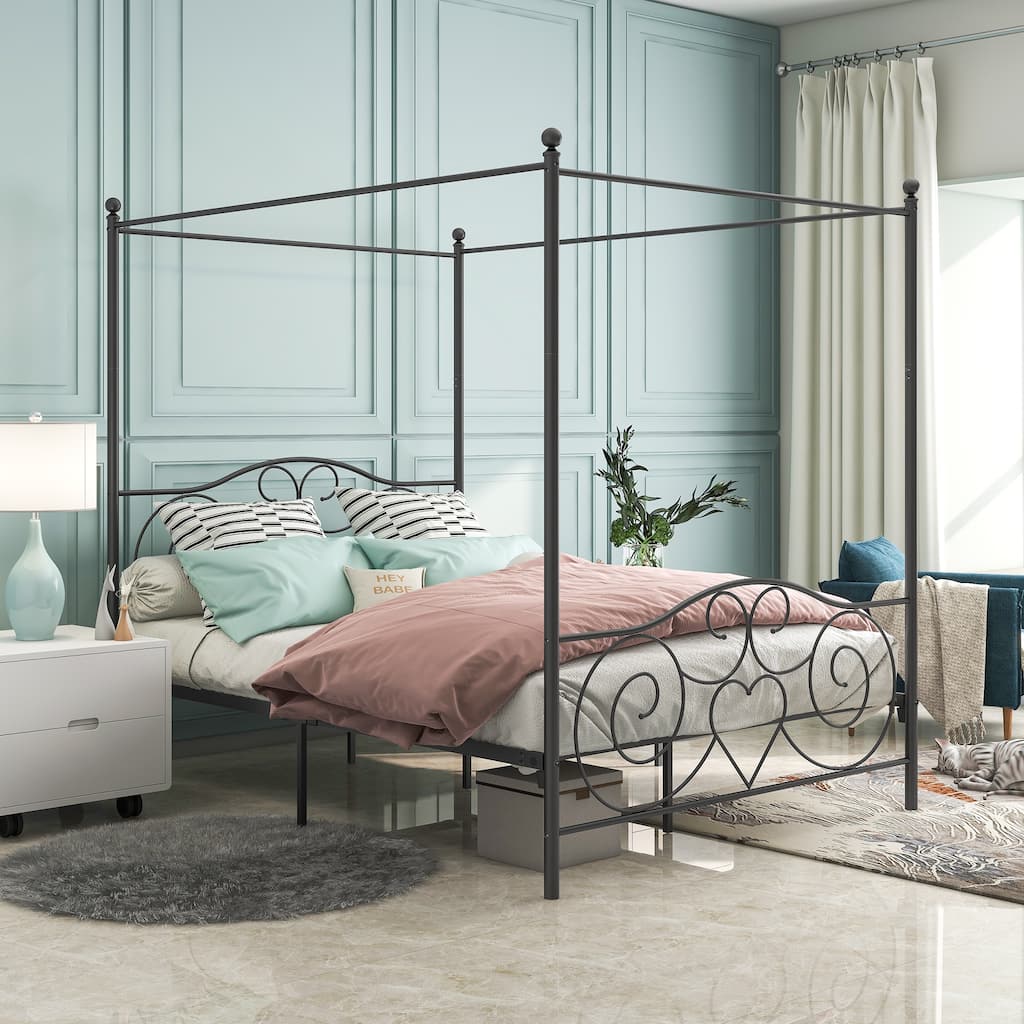 Metal Canopy Bed Frame with Vintage Headboard & Footboard