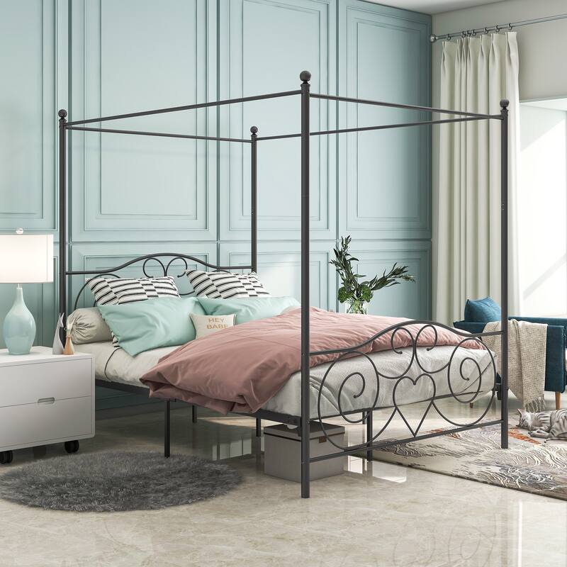 Metal Canopy Bed Frame with Vintage Headboard and Footboard - Black