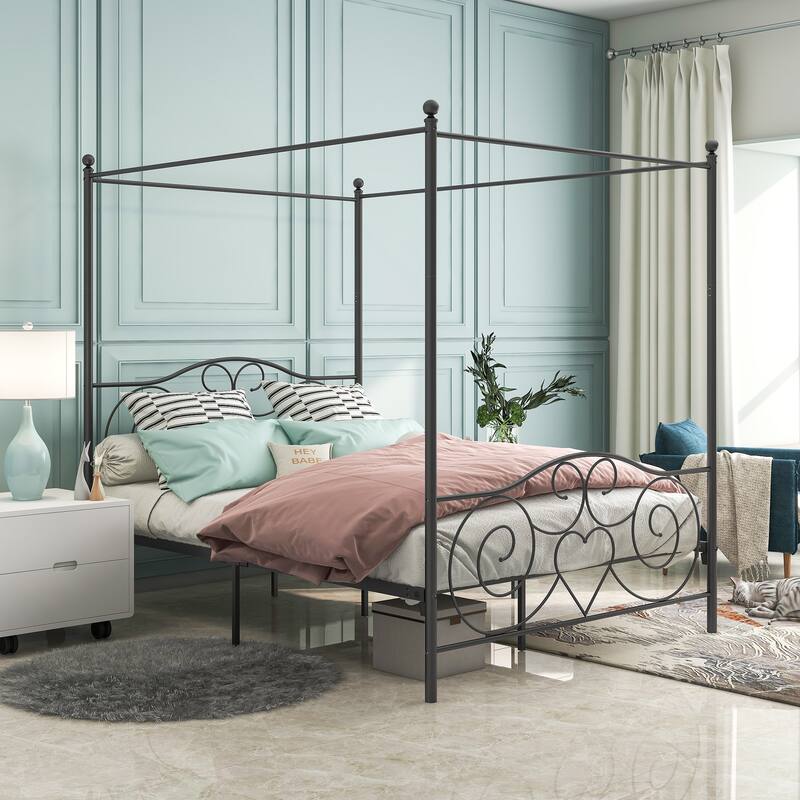 Metal Canopy Bed Frame with Vintage Style Headboard & Footboard , Easy ...