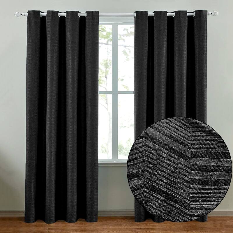 108" Long - 2 Piece Black Solid Silky Geometric Embossed Blackout Grommet Window Curtain Panel Set - 104" x 108" - Black