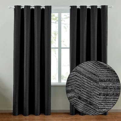 108" Long - 2 Piece Black Solid Silky Geometric Embossed Blackout Grommet Window Curtain Panel Set - 104" x 108"
