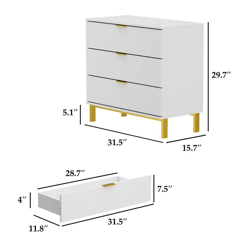 Kerrogee 3-Drawer Chest - Wooden Storage Dresser with Metal Legs