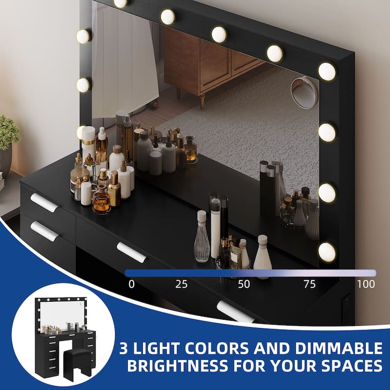 Makeup Vanity Set with Oversized Mirror 3 Color LED Lights Charging Hub 11 Drawers and Comfy Storage Stool for Bedroom