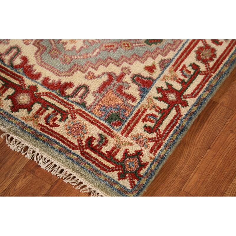 Geometric Heriz Serapi Indian Runner Rug Handmade Blue Wool Carpet - 2'7" x 10'5"