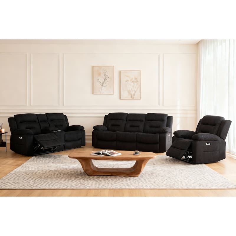 3-Piece Modular Power Recliner Fabric Sofa Set with USB & USB-C Charging For Livingroom - Black