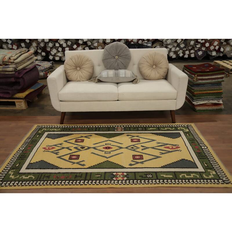 Hand Woven Oriental 100% Wool Carpet Southwestern Tribal Yellow & Gold Kilim Area Rug - 6' 7'' X 3' 8''