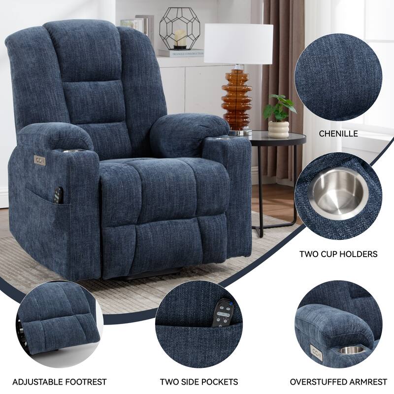 Roomfitters Oversized Power Lift Recliner, Massage Chair with USB A & C Ports and Dual Steel Cup Holders, Blue