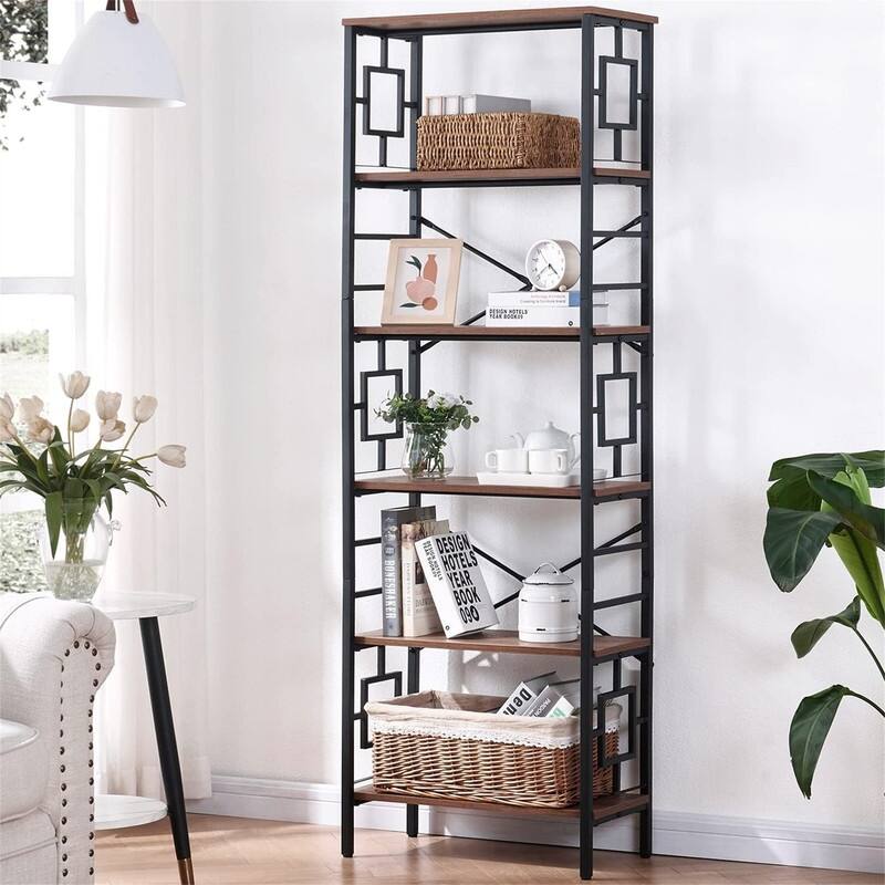 Tall Bookshelf Metal Bookcase and Bookshelves - 11.8"D x 23.6"W x 70.8"H - Rustic Brown