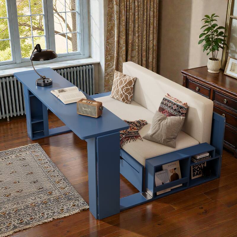 Queen Size 4-in-1 Daybed with Removable Desk, Storage Drawers, Hydraulic Side Tables & Extendable Armrests