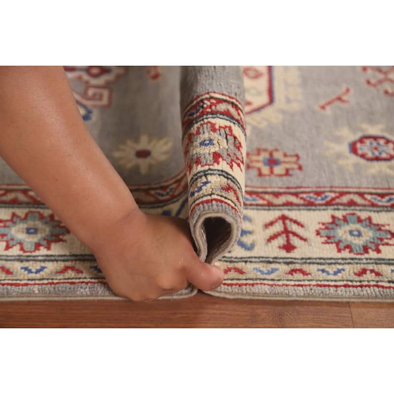 Geometric Kazak Runner Rug Hand-Knotted Grey Wool Carpet - 2'9" x 19'7"