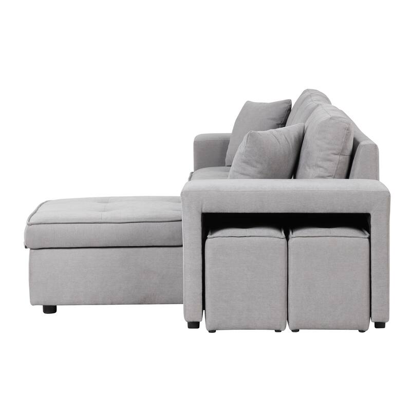 Modern L-Shape 3 Seat Reversible Sectional Couch, Pull Out Sleeper Sofa with Storage Chaise and 2 Stools