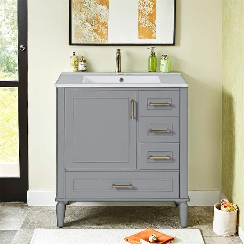 30"Bathroom Vanity with Ceramic Sink,Soft-Close Door w/Built-in Shelf