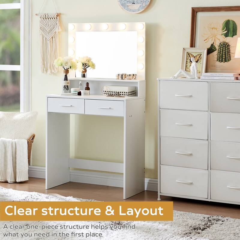 Makeup Vanity Desk with Mirror & Light,2 Drawers,White Vanity Dressing Vanity Table for Bedroom
