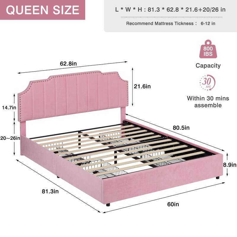 VECELO Upholstered Storage Bed Frame with Headboard & 4 Storage Drawers