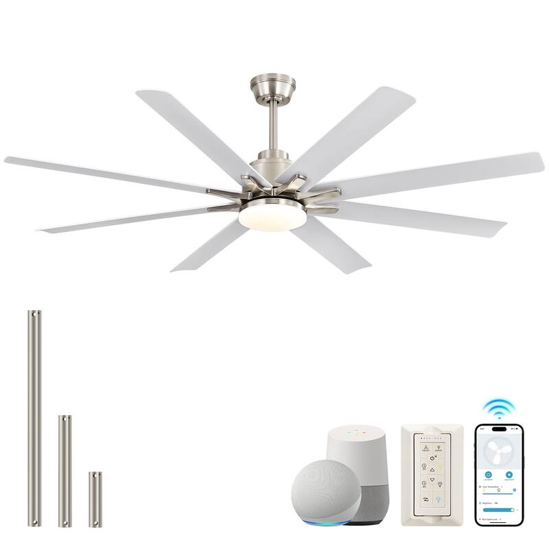 Sofucor 52 Inch Ceiling Fans with Lights and Remote,Reversible DC Motor,8 ABS Blades Indoor/Outdoor,Smart Control Optional - Smart(Remote+APP+Voice Control) - Nickel with White Blades