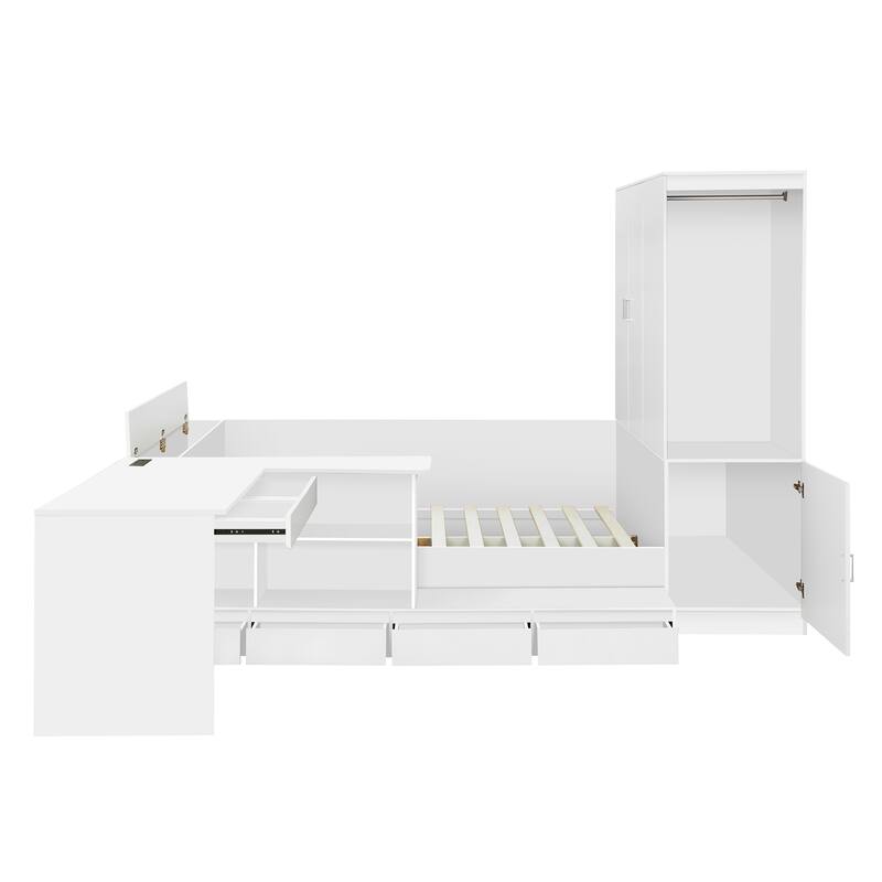 Full Size White Wooden Platform Bed with Storage, Desk, and Wardrobe