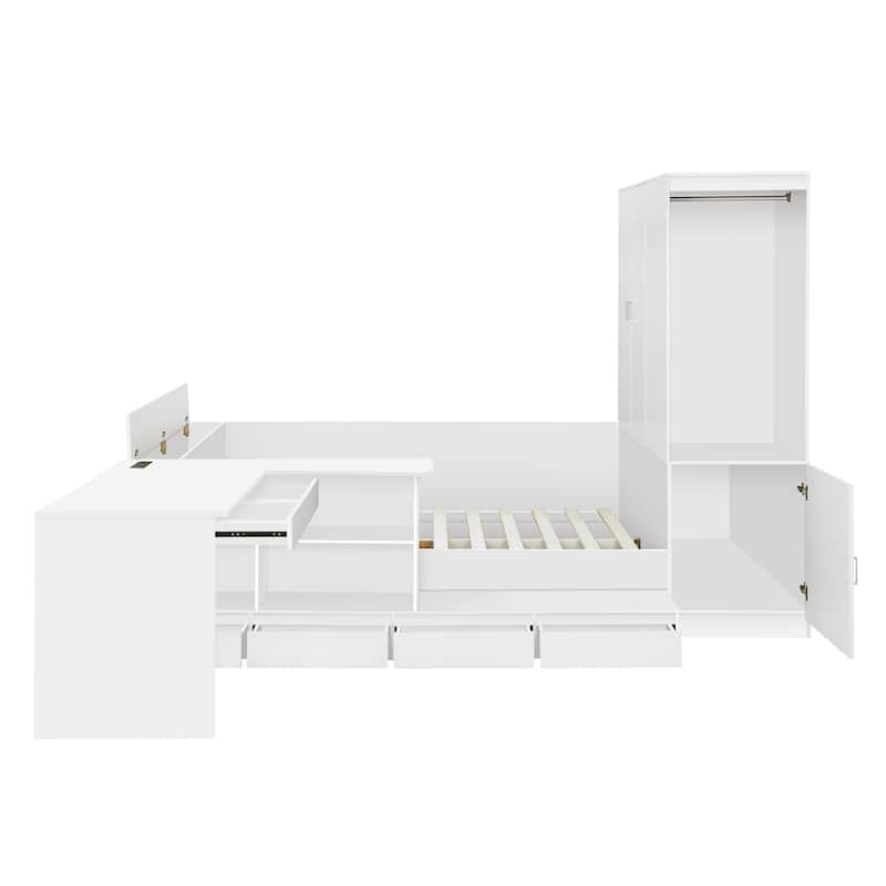 Full Size Wood Platform Bed with 6 Drawers, Shelves, Desk & Wardrobe, Multi-Functional Design