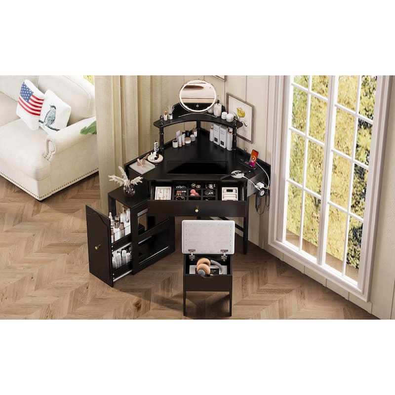 Corner Vanity Desk Set with Cushioned Stool and Charging Station,Triangle Makeup Desk with Removable Pull-Out Side Cabinet