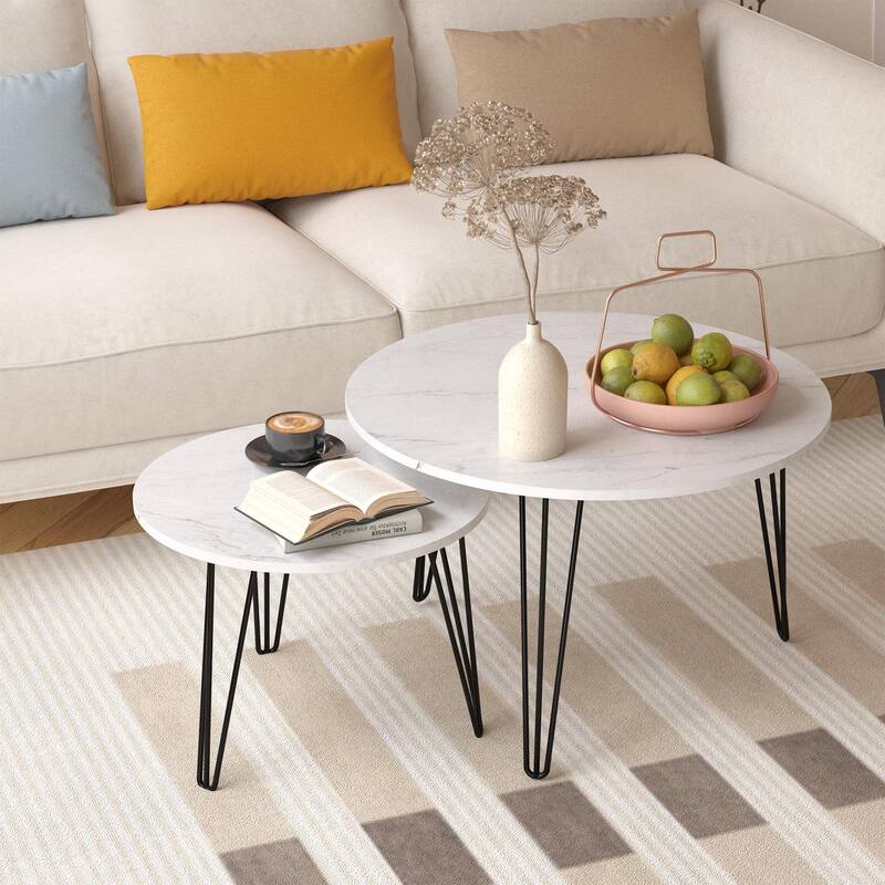Round Nesting Table End Table White Sofa Side Table Set of 2