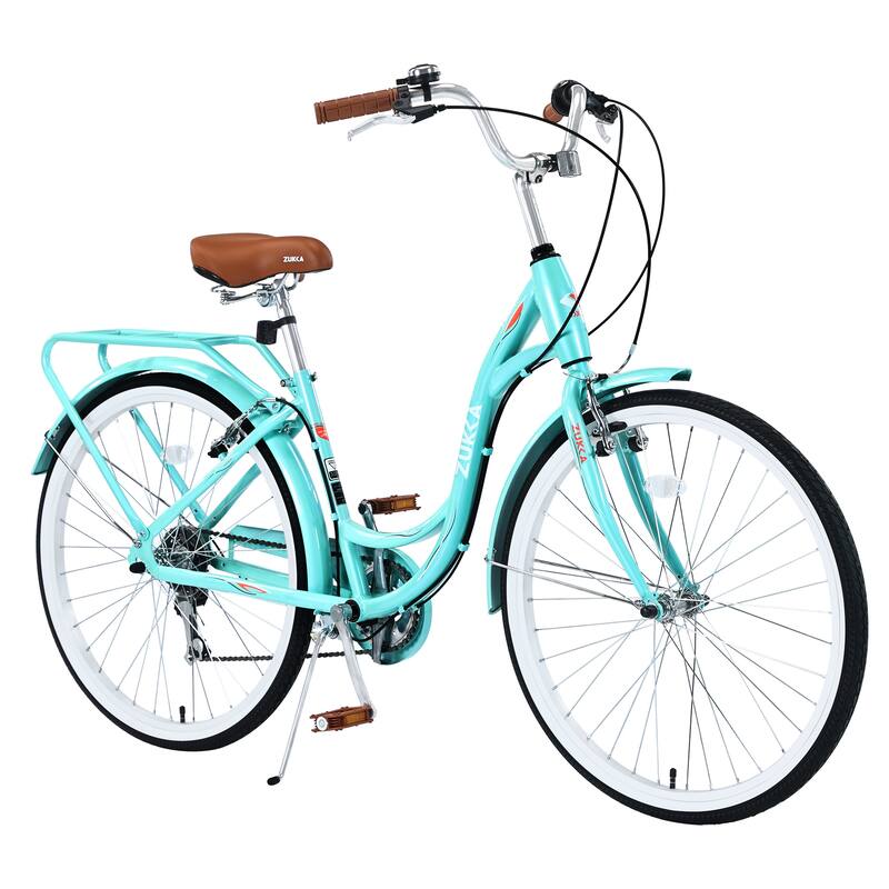 24" Women's Comfort Bike, Shimano 7-Speed, Steel Frame with V Brakes and Cushioned Saddle - Blue+Green