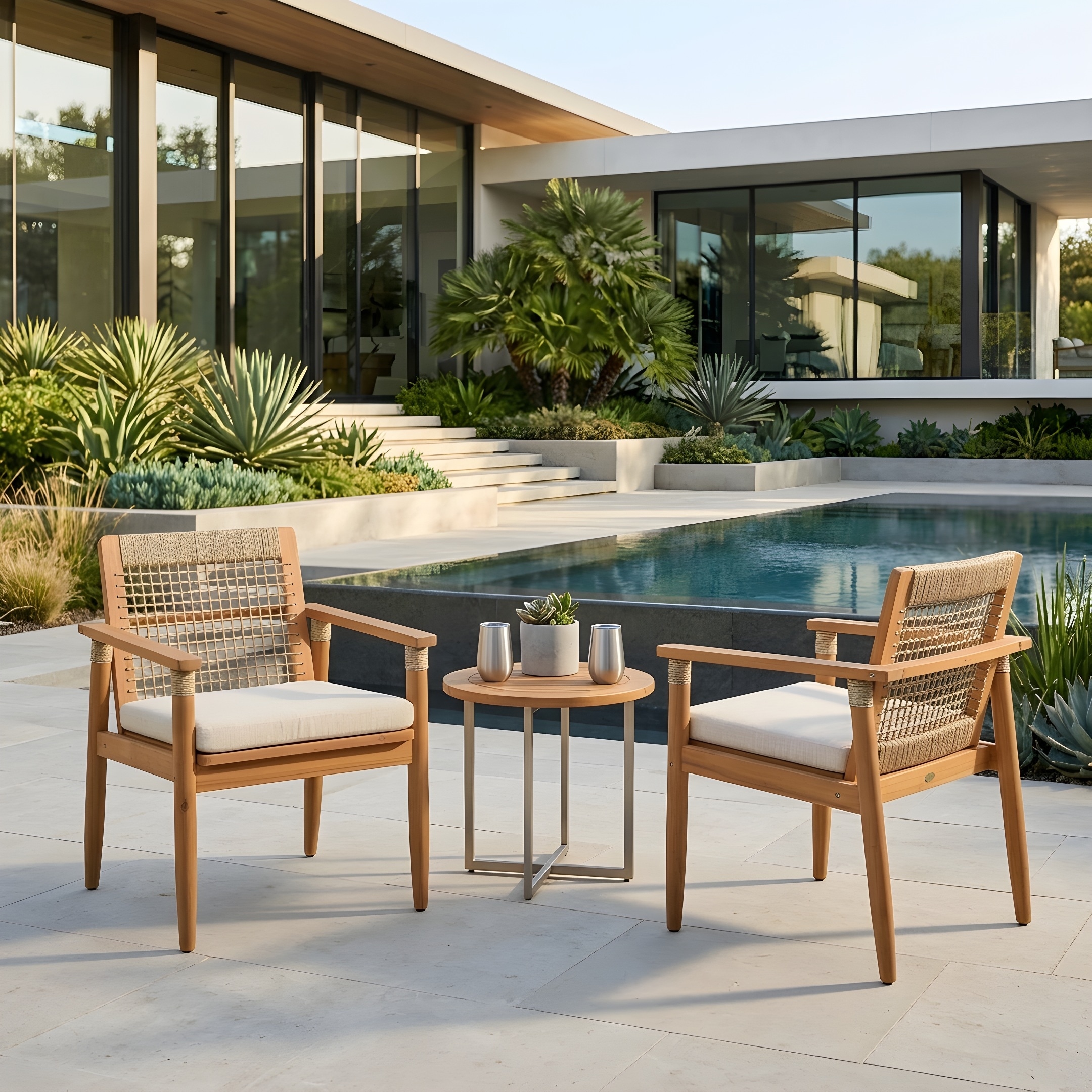 Christopher Knight Home - Caldera Set of 2 Outdoor Patio Dining Chairs, Acacia Wood with Rope Woven Backrest and Cushions