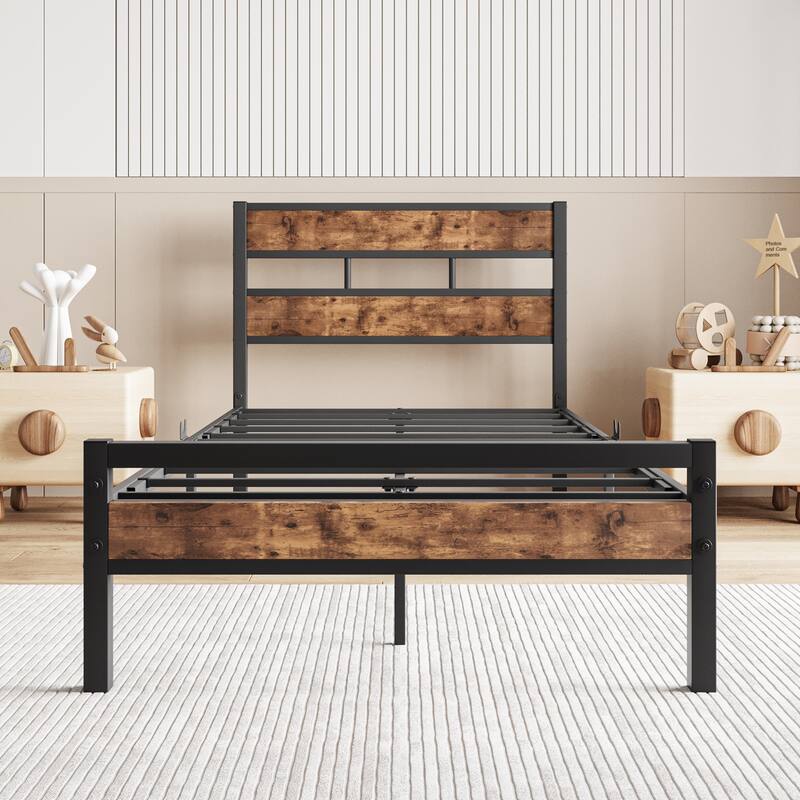 Metal Bed Platform Bed Frame w/Rustic Vintage Wood Headboard & Footboard, Metal Slats Support, No Box Spring Needed, Noise-Free