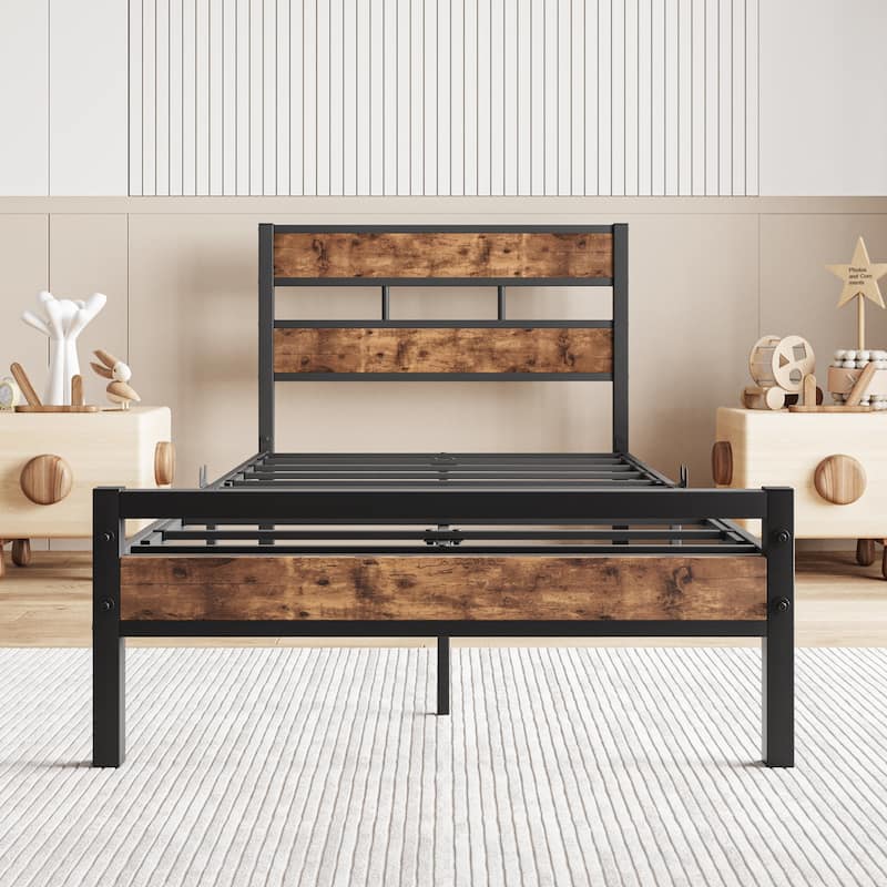 Platform Bed Frame with Rustic Vintage Wood Headboard