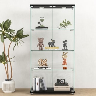 Modern Glass Display Cabinet with LED lights, Quick-assembly Antique Cabinet, Tempered Glass Bookshelf