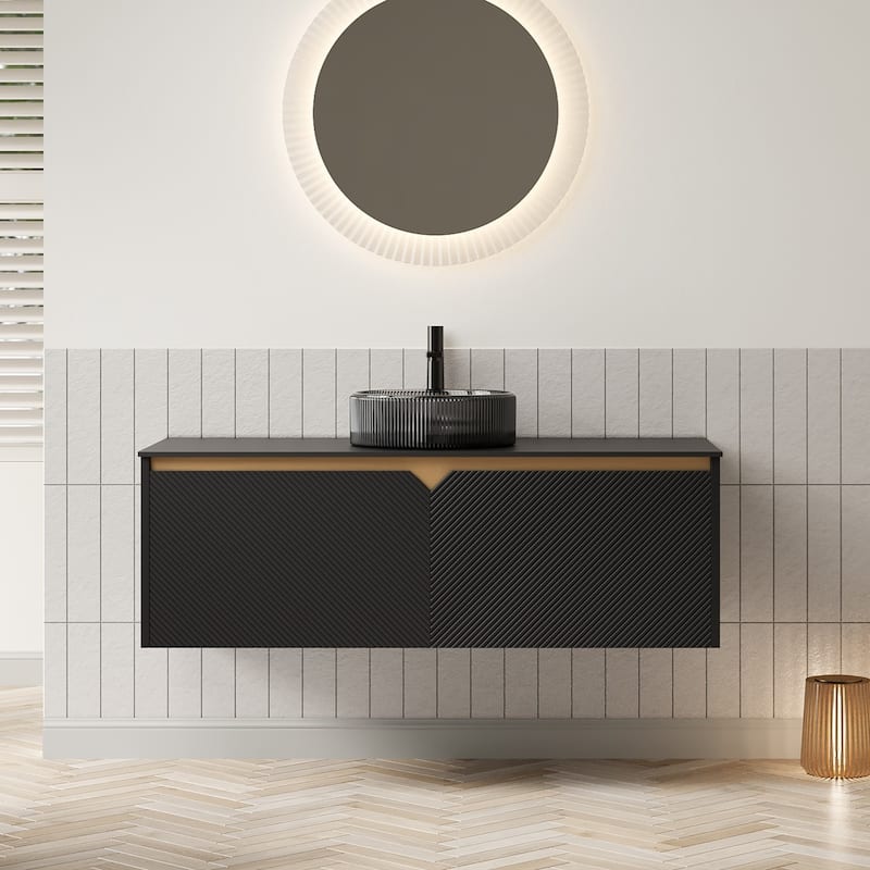 48" Bathroom Vanity with Sink, Wall-Mounted Plywood Storage Cabinet, Twill Double Doors,Round Glass Basin and Stone Top - Black