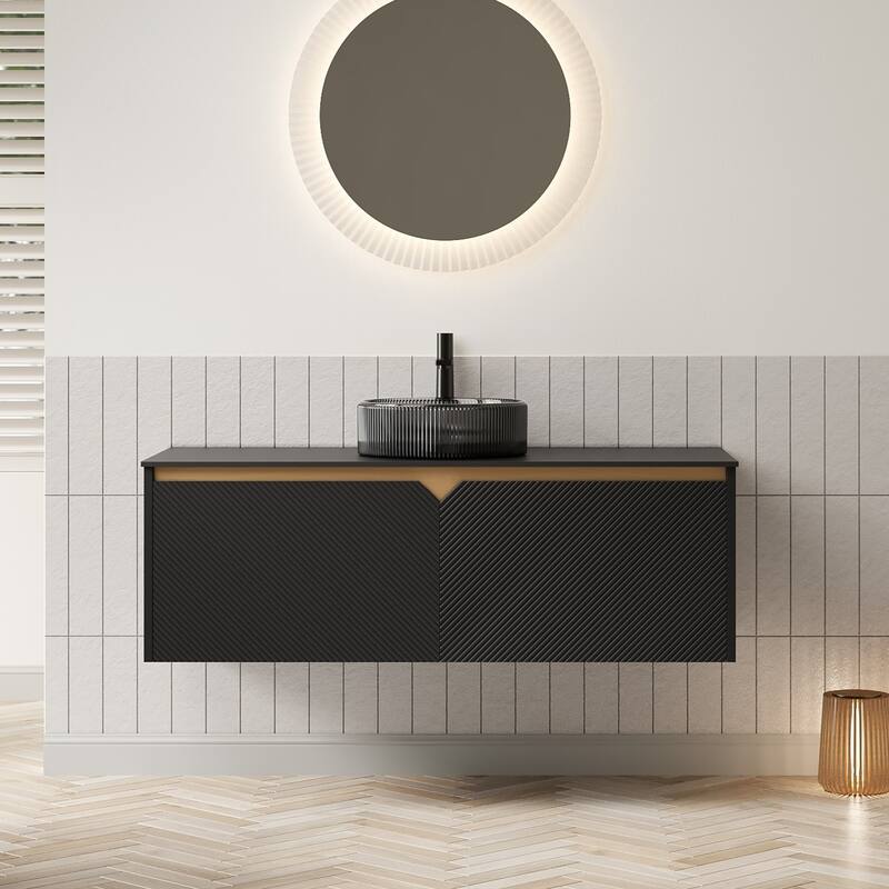 48" Bathroom Vanity with Vessel Sink, Wall-Mounted Floating Storage Cabinet with Double Doors - Black-Clear