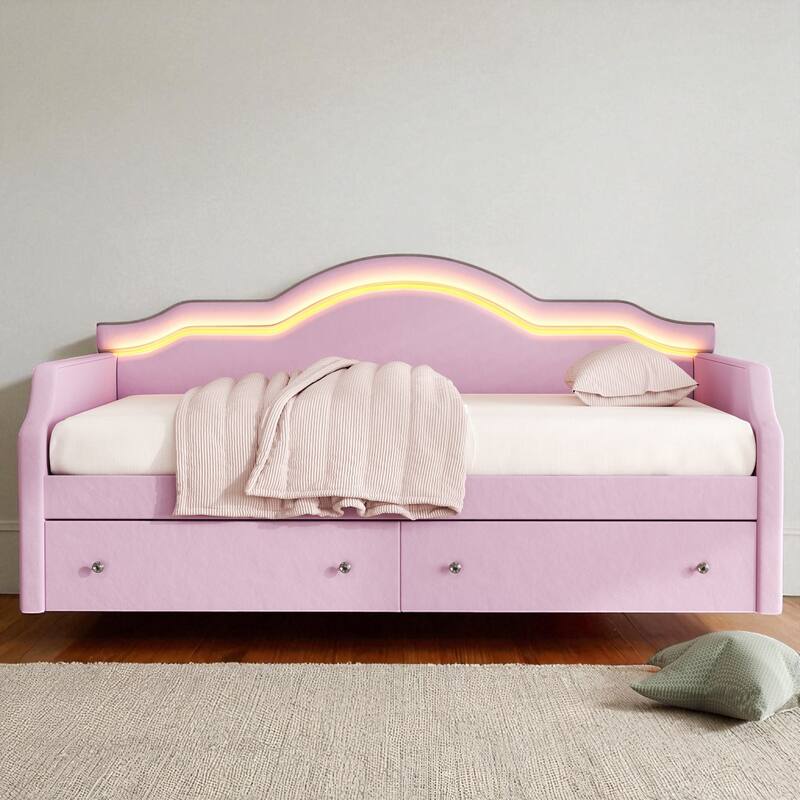 Twin/Full Size Upholstered Daybed with LED Lights, 2 Storage Drawers, Velvet Frame, No Box Spring Required