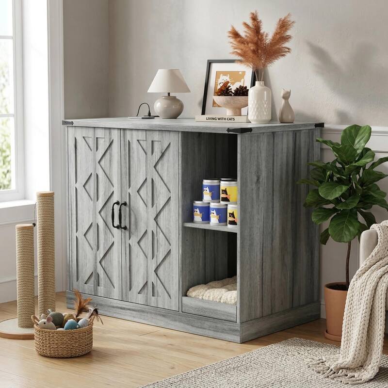 Cat Litter Box Cabinet with Power Outlet, Box Furniture for Automatic Litter Boxes, with Litter Catcher, Adjustable Shelves