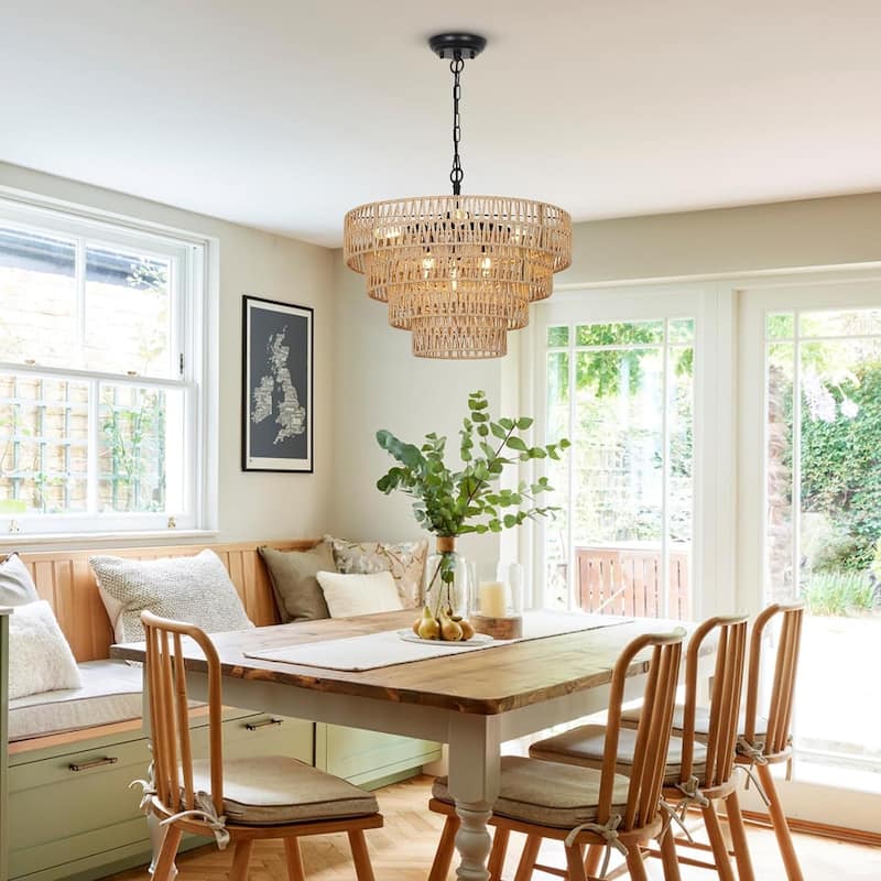 Boho Rattan Chandelier, 6-Light Dining Room Light Fixture, Wicker Pendant Lighting with 4-Tier Woven Lampshade