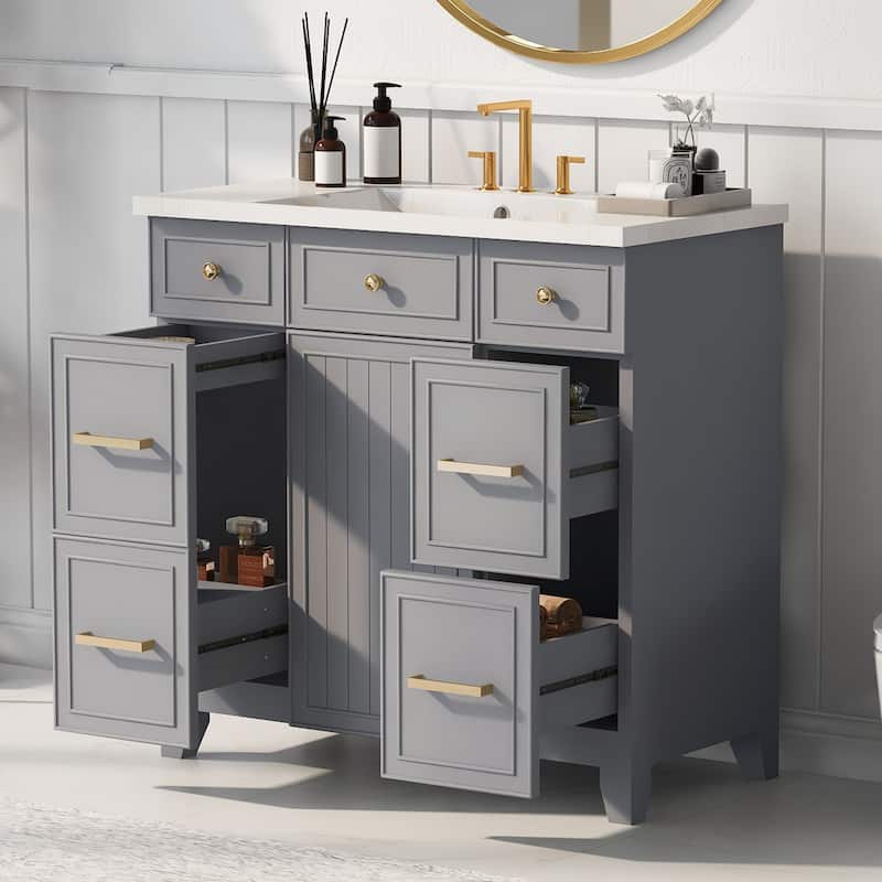 Bathroom Vanity Cabinet with Sink Top, Soft Closing Door and 3 Drawer - Grey