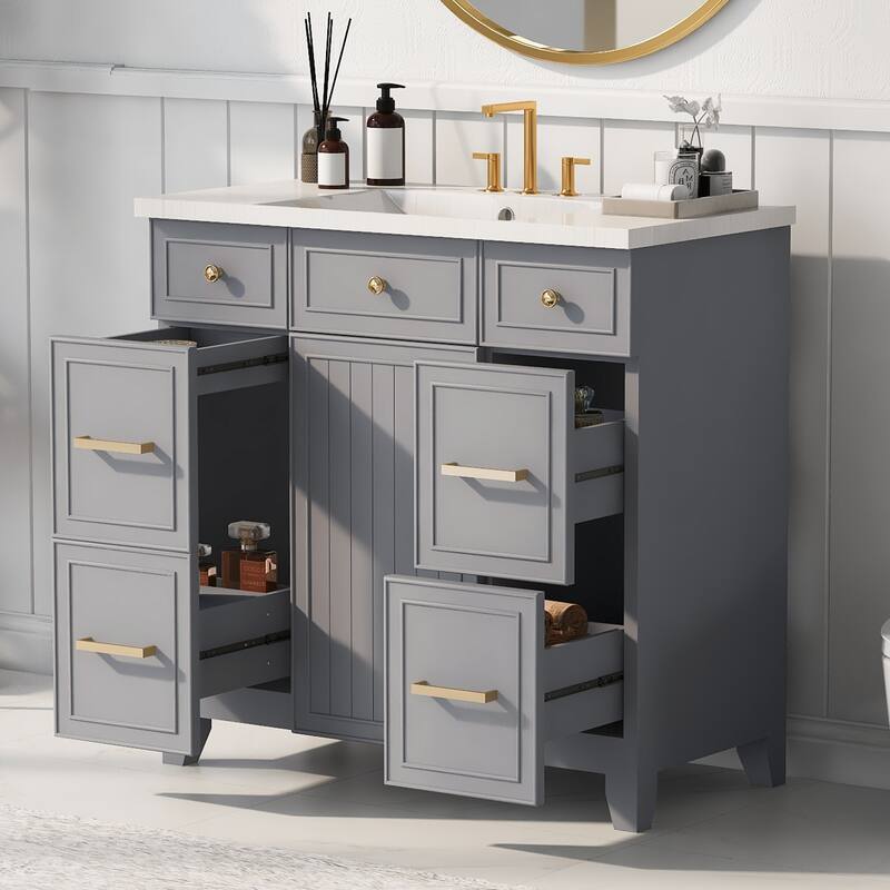 Modern 36-Inch Free-Standing Vanity with Single Sink, Storage Drawers & Adjustable Shelf