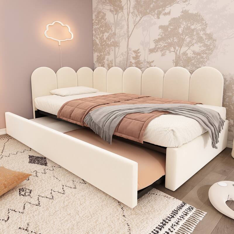 Roomfitters Velvet Upholstered Twin Daybed with Pull Out Trundle, Sofa Bed with Metal Slat Frame